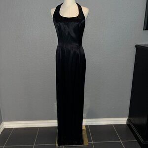 VINTAGE NADINE BLACK SATIN BACKLESS HALTER MAXI GOWN POCKETS Made in USA NWT - 9
